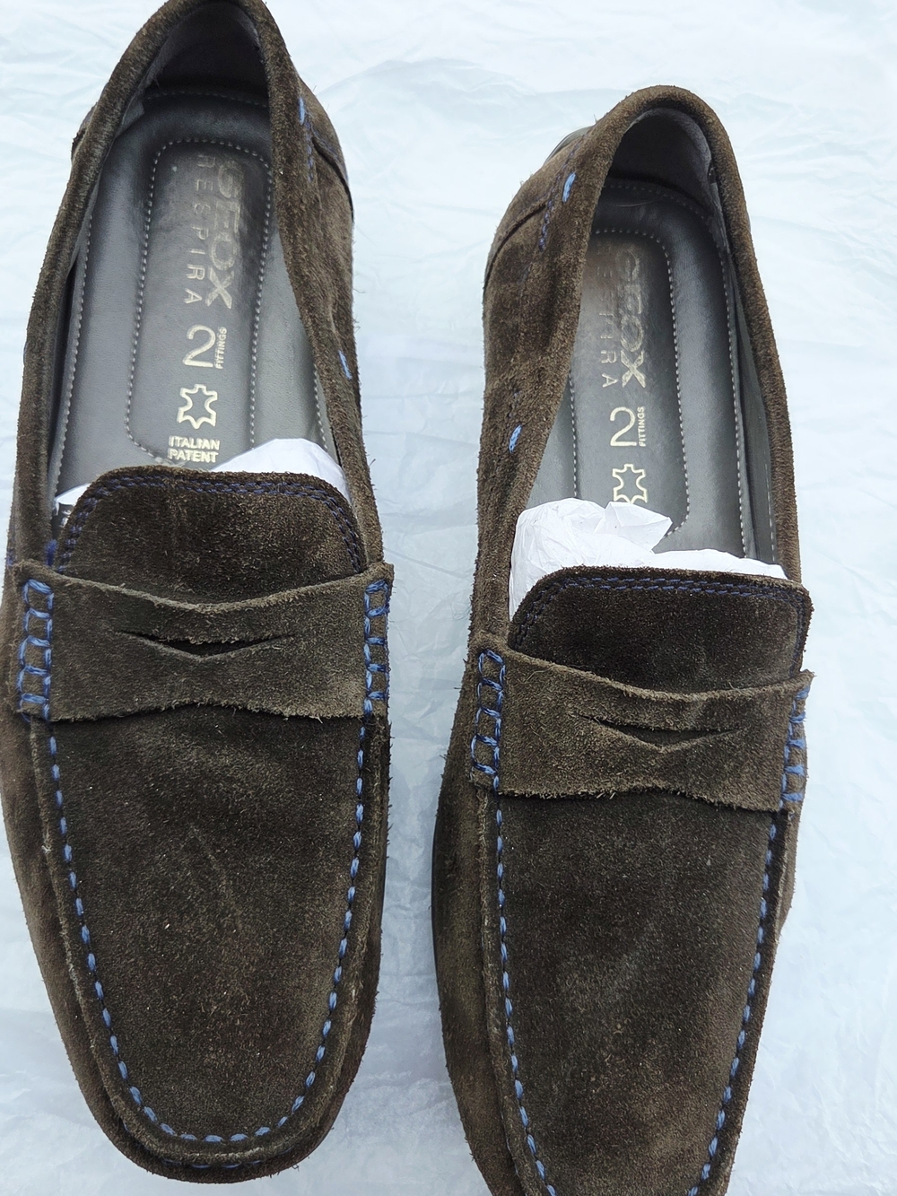 Geox Men's Dark Brown Suede Penny Loafers with Blue Stitching